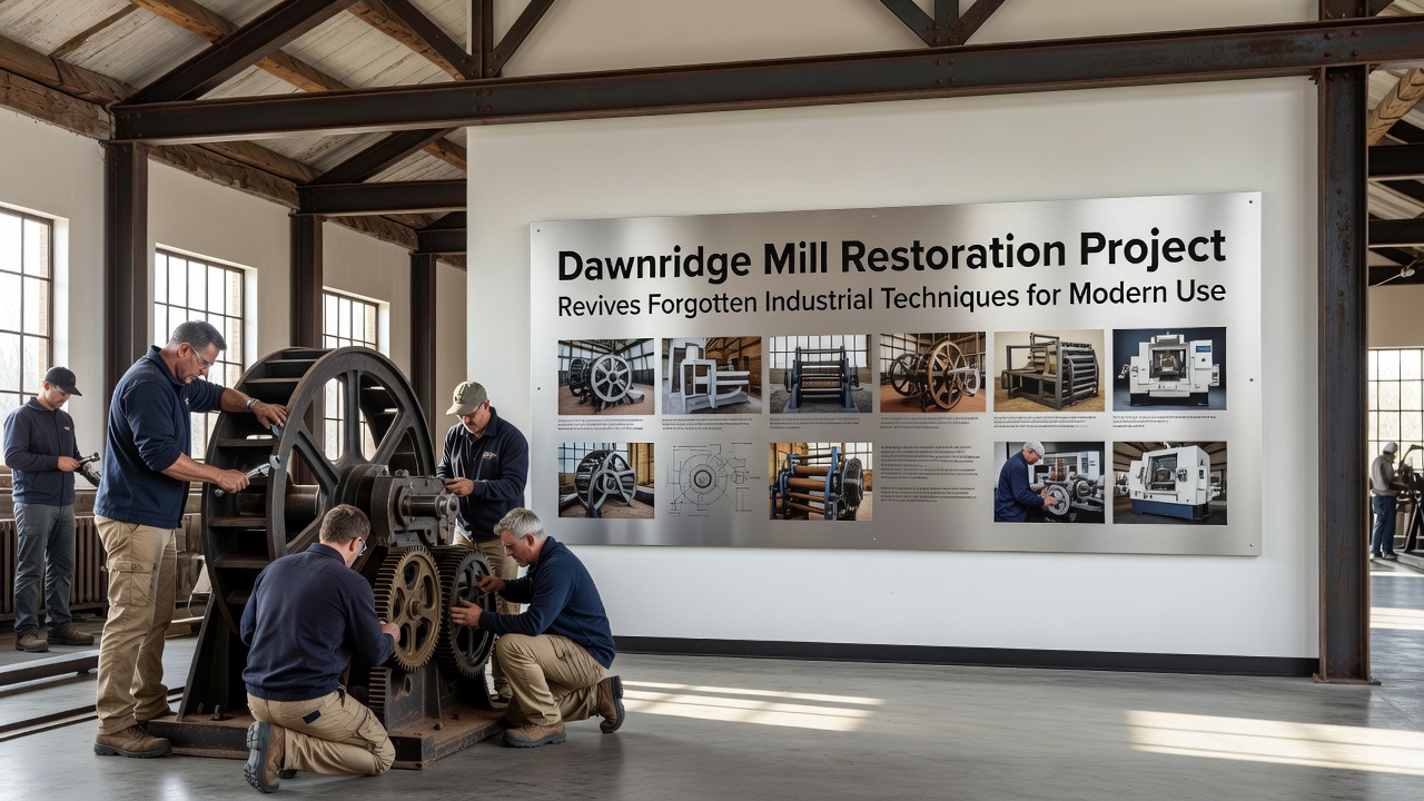 Close-up of restored wooden gearing system inside Dawnridge Mill connected to modern monitoring sensors and solar backup array