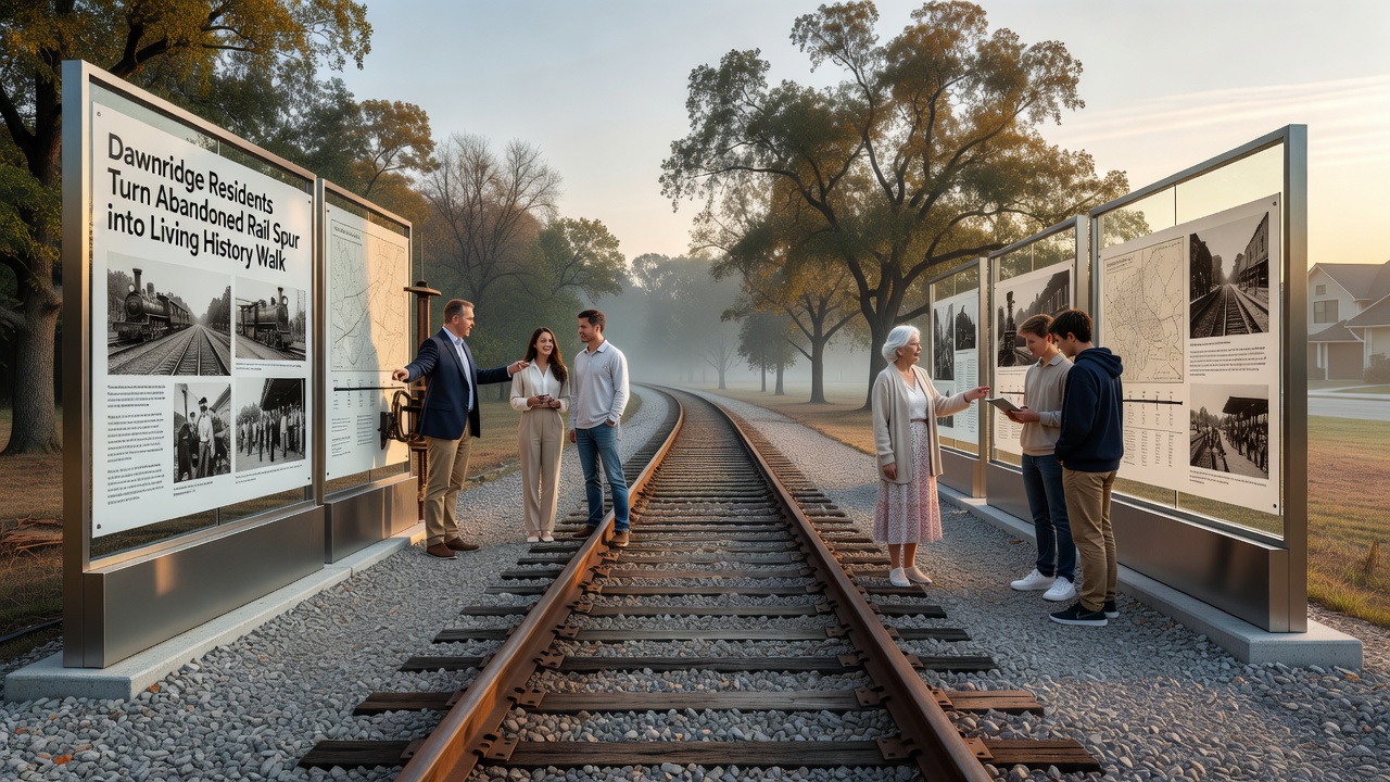 Completed section of the living history walk with interpretive signs and preserved rail elements