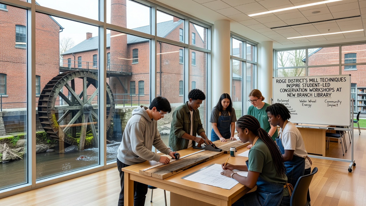 Participants examine a model of a historical mill water system during a student-led session at the Dawnridge branch library